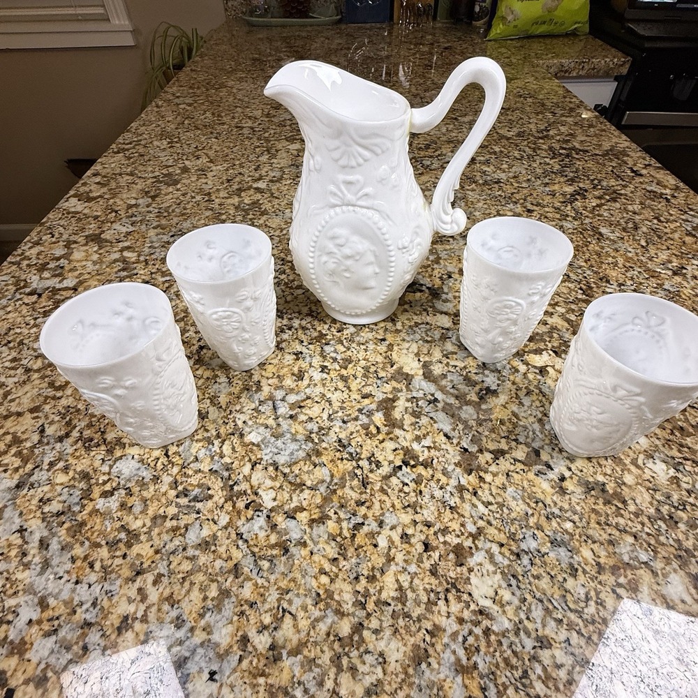 Vintage Milk Glass Cameo Pitcher 4 Tumblers Embossed Floral 5 Pc Drink Set White